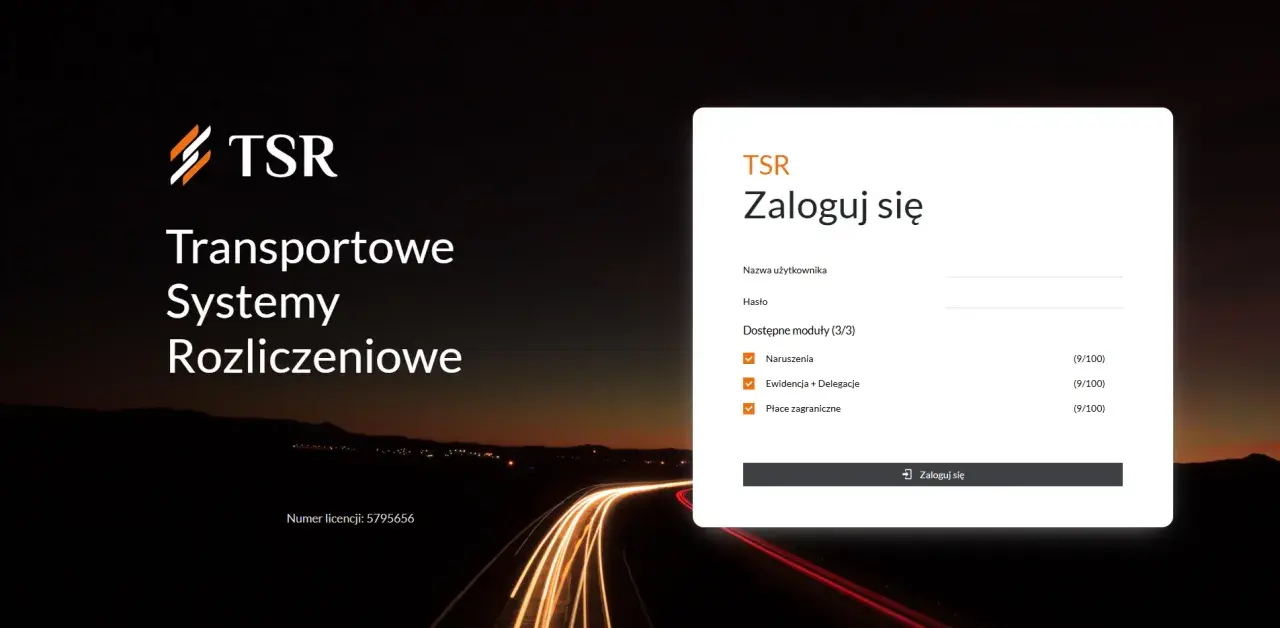 Systemy pracy kierowcy TSR: logowanie do modułów Naruszenia, Ewidencja + Delegacje, Płace zagraniczne.