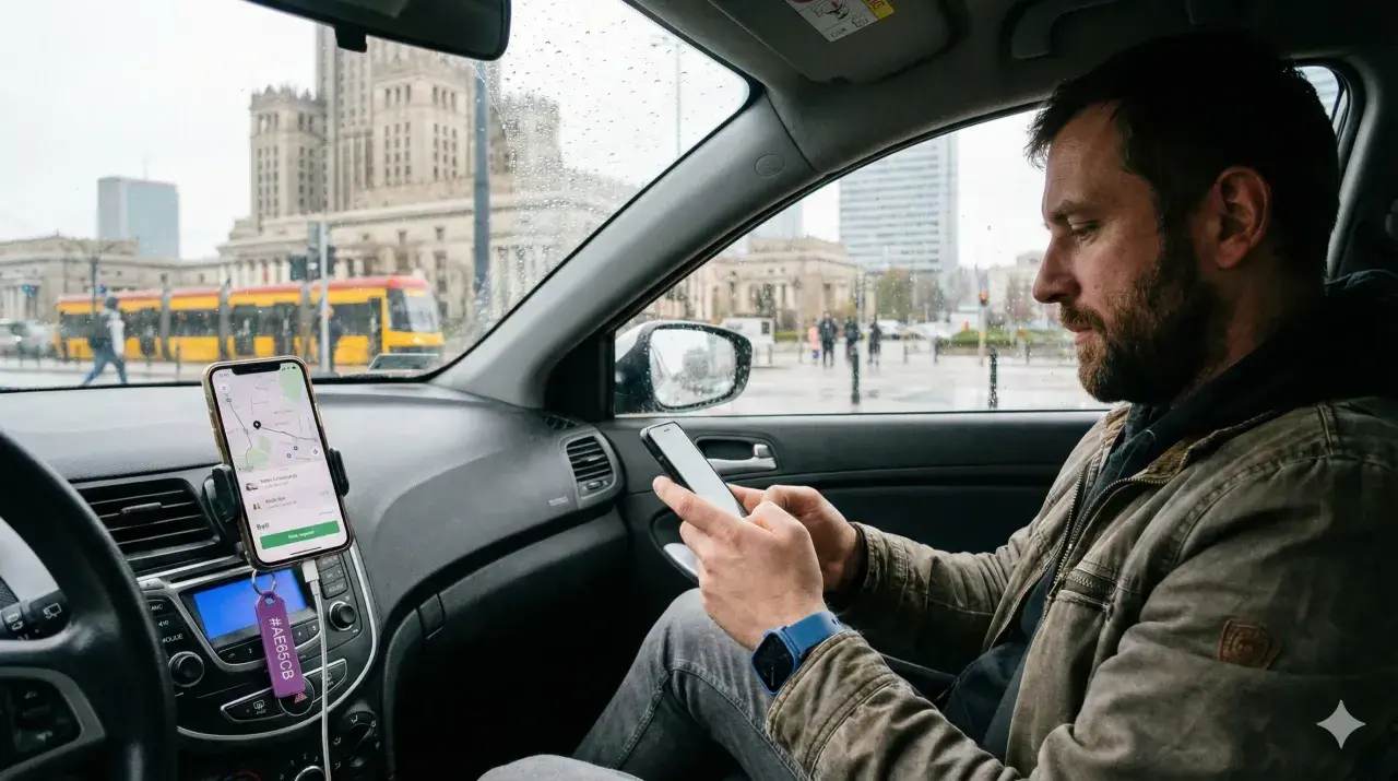 Kierowca zawodowy sprawdza trasę na telefonie, zastanawiając się, ile zarabia. W tle widać warszawskie budynki i tramwaj.
