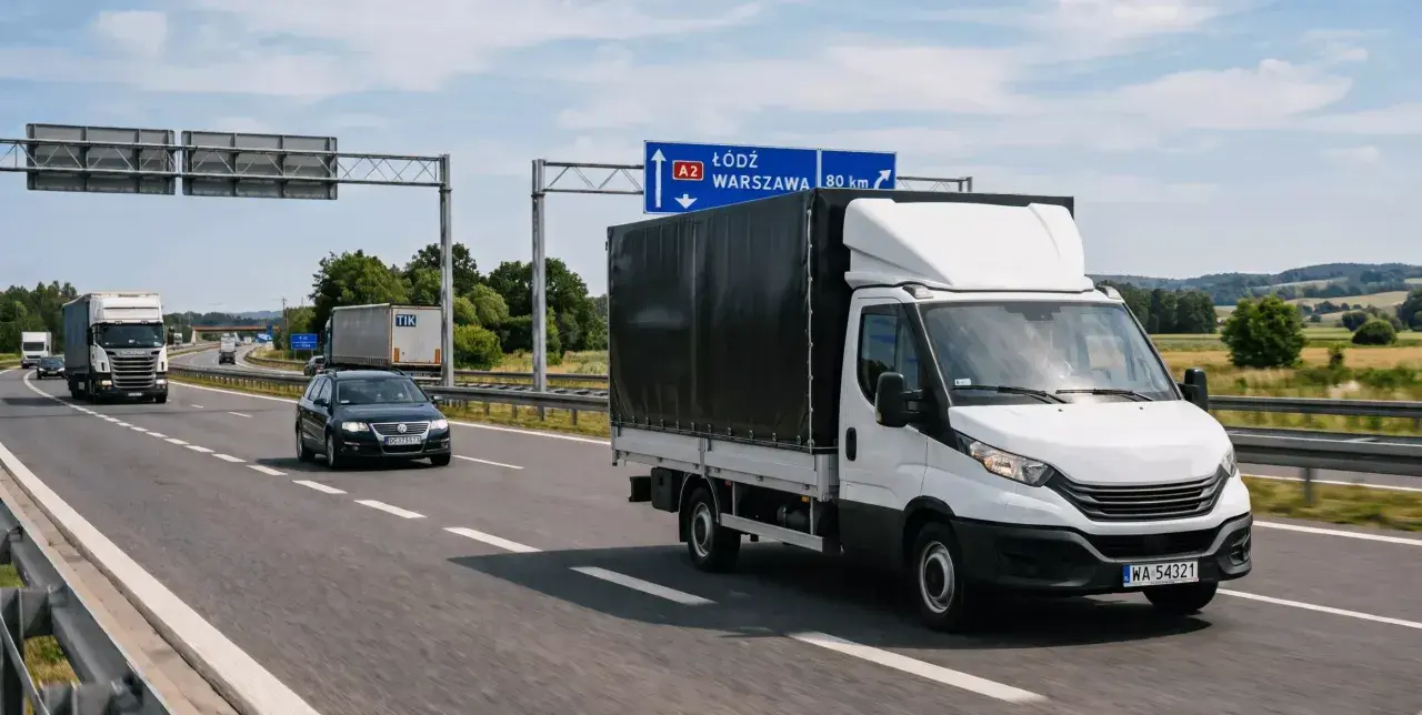 Biała furgonetka i inne pojazdy na autostradzie A2, kierujące się do Łodzi i Warszawy. Przepisy transportowe regulują ruch tych pojazdów.