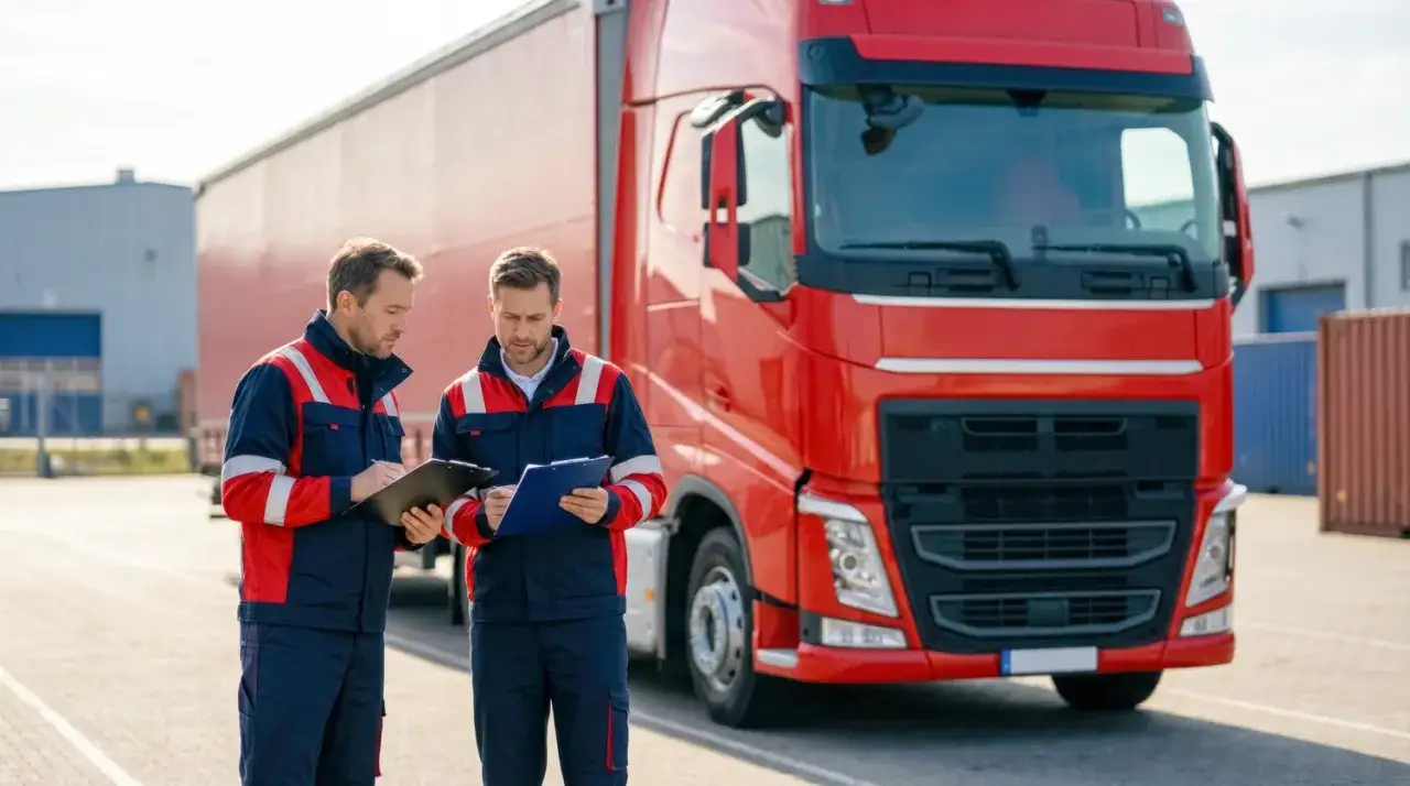 Dw&oacute;ch mężczyzn w uniformach sprawdza dokumenty przy czerwonej ciężar&oacute;wce. Kluczowe dokumenty w transporcie międzynarodowym.