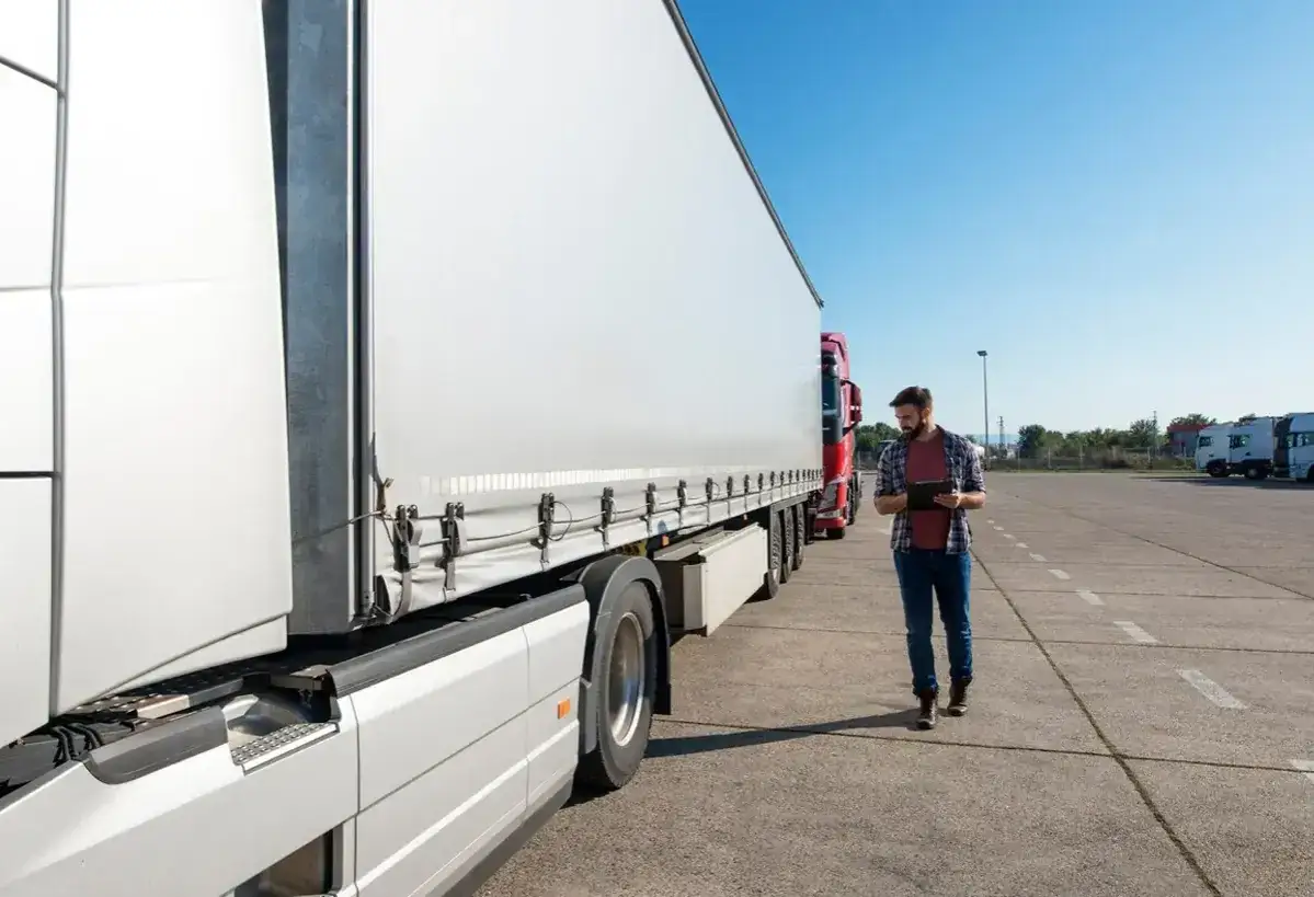 Kierowca sprawdza dokumenty przy naczepie, planując trasę. To przykład, co to jest kabotaż &ndash; transport krajowy w obcym kraju.