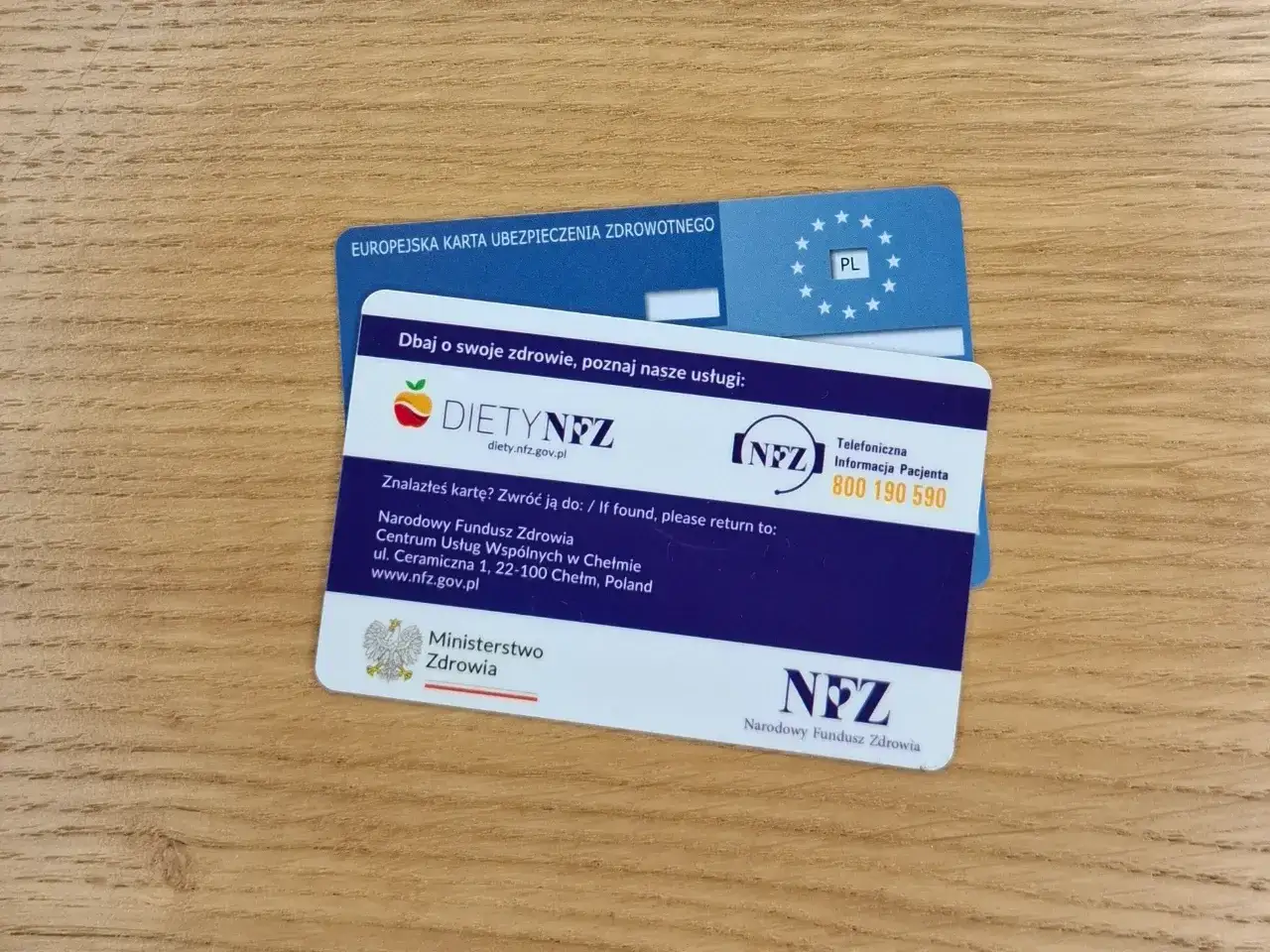 Karta EKUZ dla kierowcy międzynarodowego, z informacją o diecie NFZ i numerem telefonu.