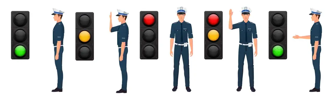 Policjanci w mundurach i sygnalizacja świetlna pokazują, kto może kierować ruchem.