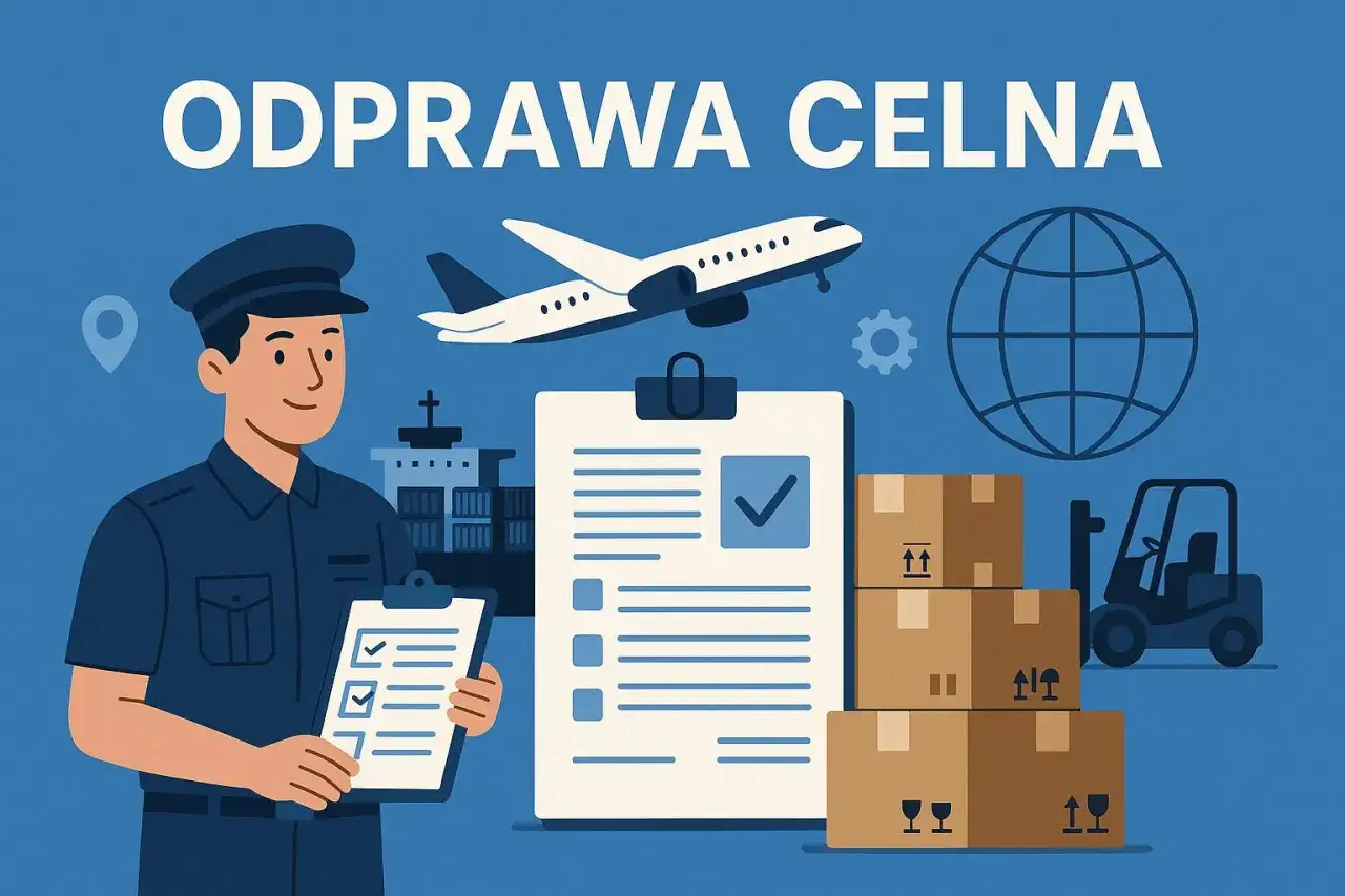 Ilustracja pokazuje, jak wygląda odprawa celna: urzędnik z dokumentami, samolot, statek, paczki i w&oacute;zek widłowy.