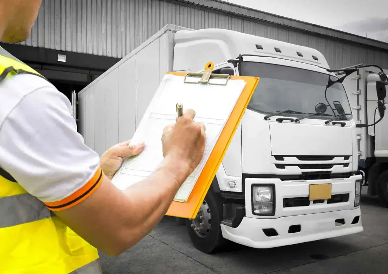 Pracownik w kamizelce odblaskowej spisuje dokumenty przy białej ciężarówce. To jest właśnie fracht, czyli transport towarów.