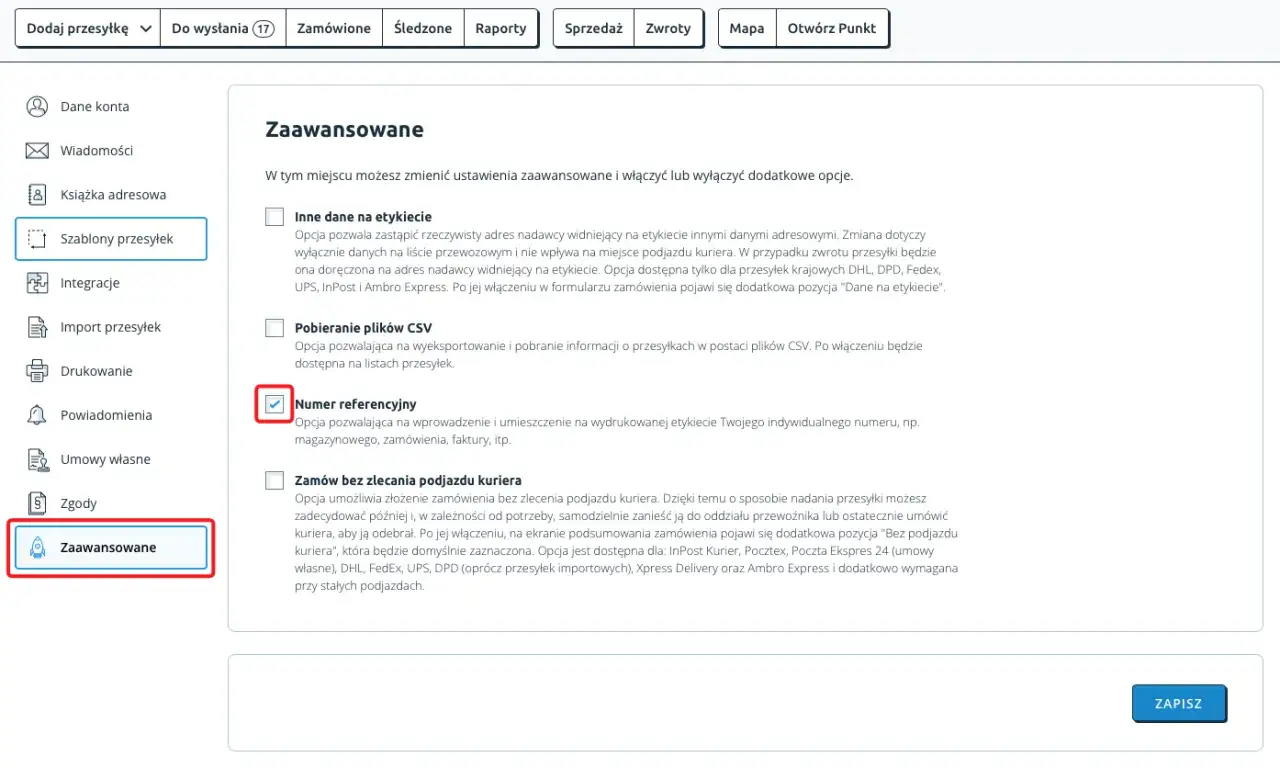 Ustawienia zaawansowane: włączony numer referencyjny, kt&oacute;ry pozwala dodać indywidualny numer zam&oacute;wienia lub faktury.