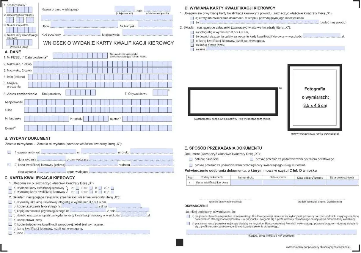 Wniosek o wymianę karty kwalifikacji kierowcy z powodu utraty lub zniszczenia dokumentu. Jak przedłużyć kartę kierowcy? Wypełnij formularz, dołącz zdjęcie 3,5x4,5 cm.
