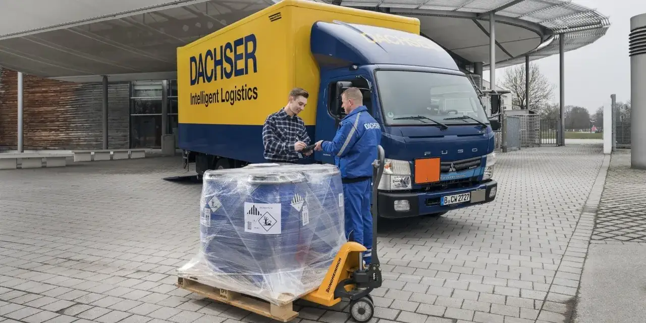 Pracownik firmy Dachser, doradca ADR, sprawdza dokumenty przy beczce z niebezpieczną substancją. Praca wymaga precyzji.