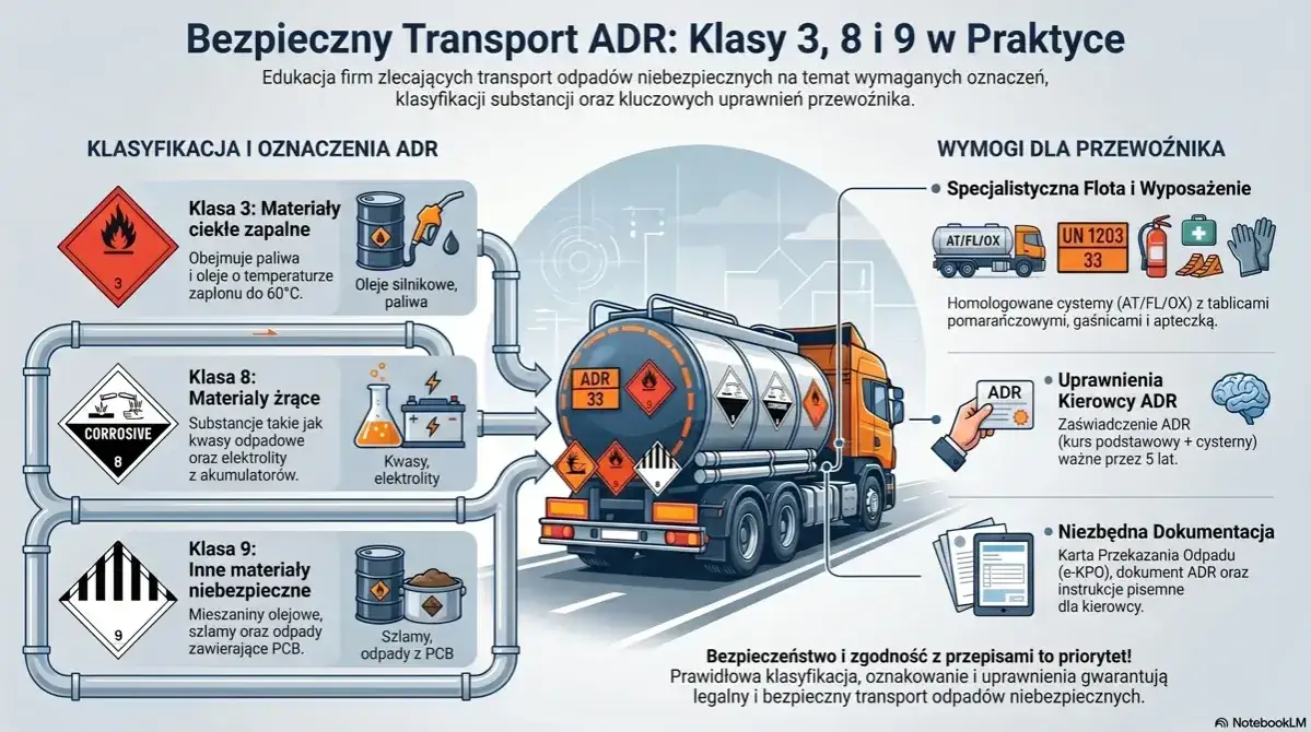 Transport ADR: klasy 3, 8 i 9. Ilustracja przedstawia cysternę z oznaczeniami ADR, wyjaśniając klasyfikację materiał&oacute;w, wymagania dla przewoźnika i dokumentację.