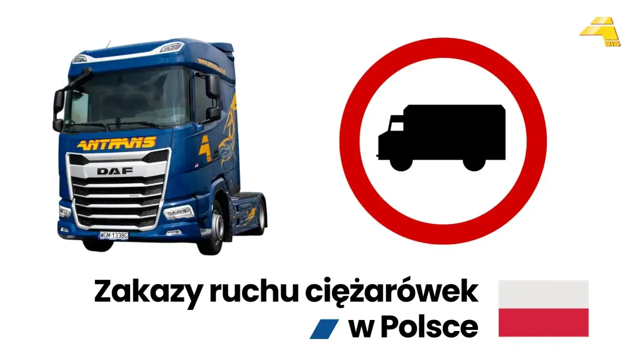 Niebieska ciężarówka DAF obok znaku zakazu ruchu dla pojazdów ciężarowych. Informacja o zakazach jazdy w Polsce.
