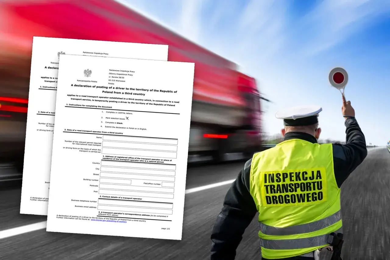 Inspektor transportu drogowego kontroluje dokumenty dotyczące delegowania kierowcy w ramach imi transport.