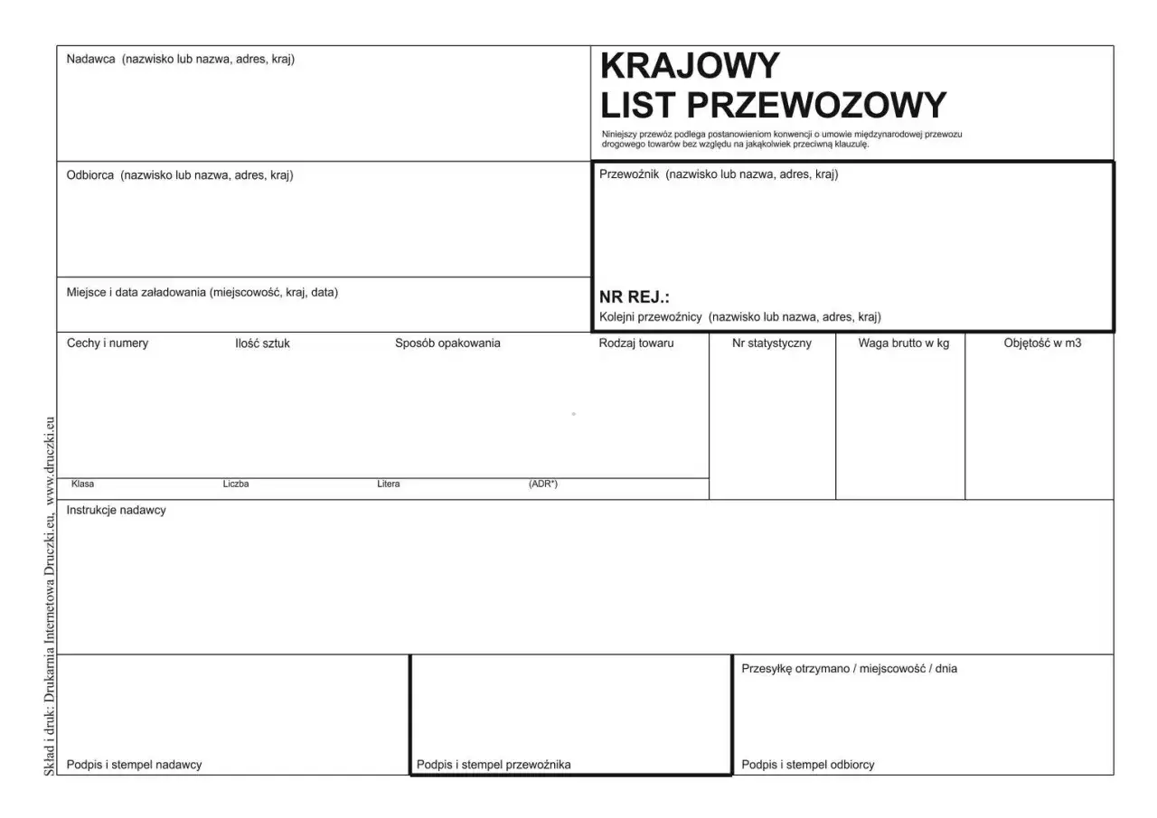 Krajowy list przewozowy z polami do wypełnienia danych nadawcy, odbiorcy, przewoźnika, szczegółów towaru i podpisów.