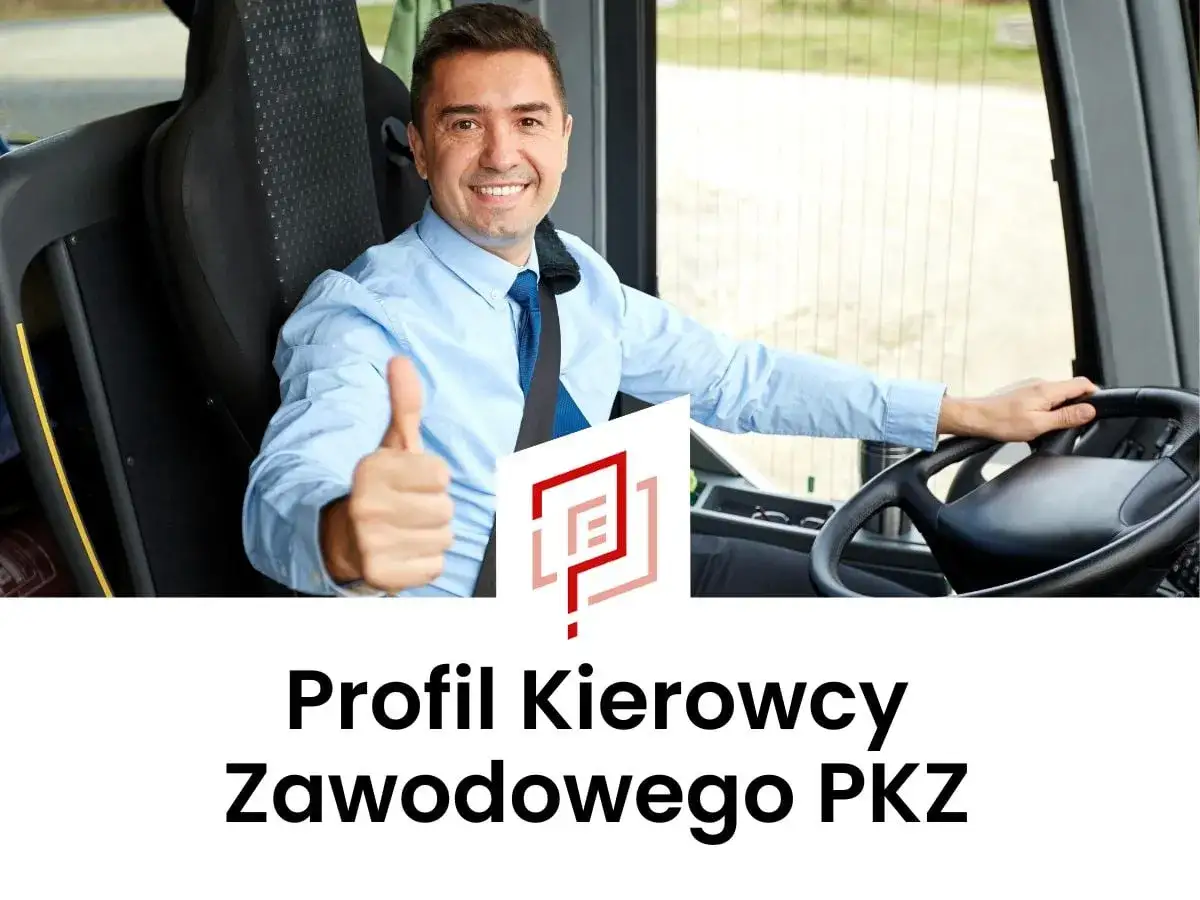 Uśmiechnięty kierowca autobusu pokazuje kciuk w g&oacute;rę. Posiada prawo jazdy z kodem 95, co świadczy o jego profesjonalizmie.