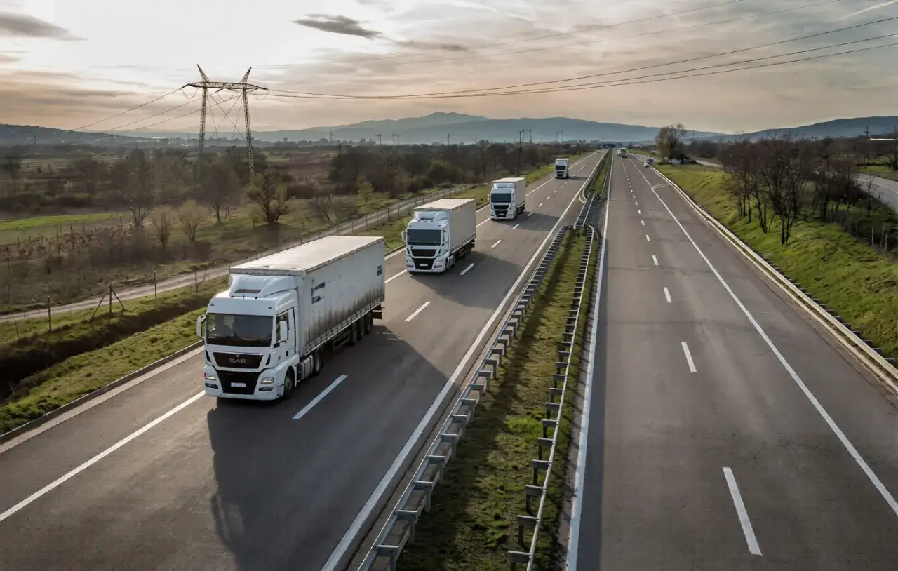 Ciężarówki na autostradzie, idealne do nauki na kurs na przewóz rzeczy online.